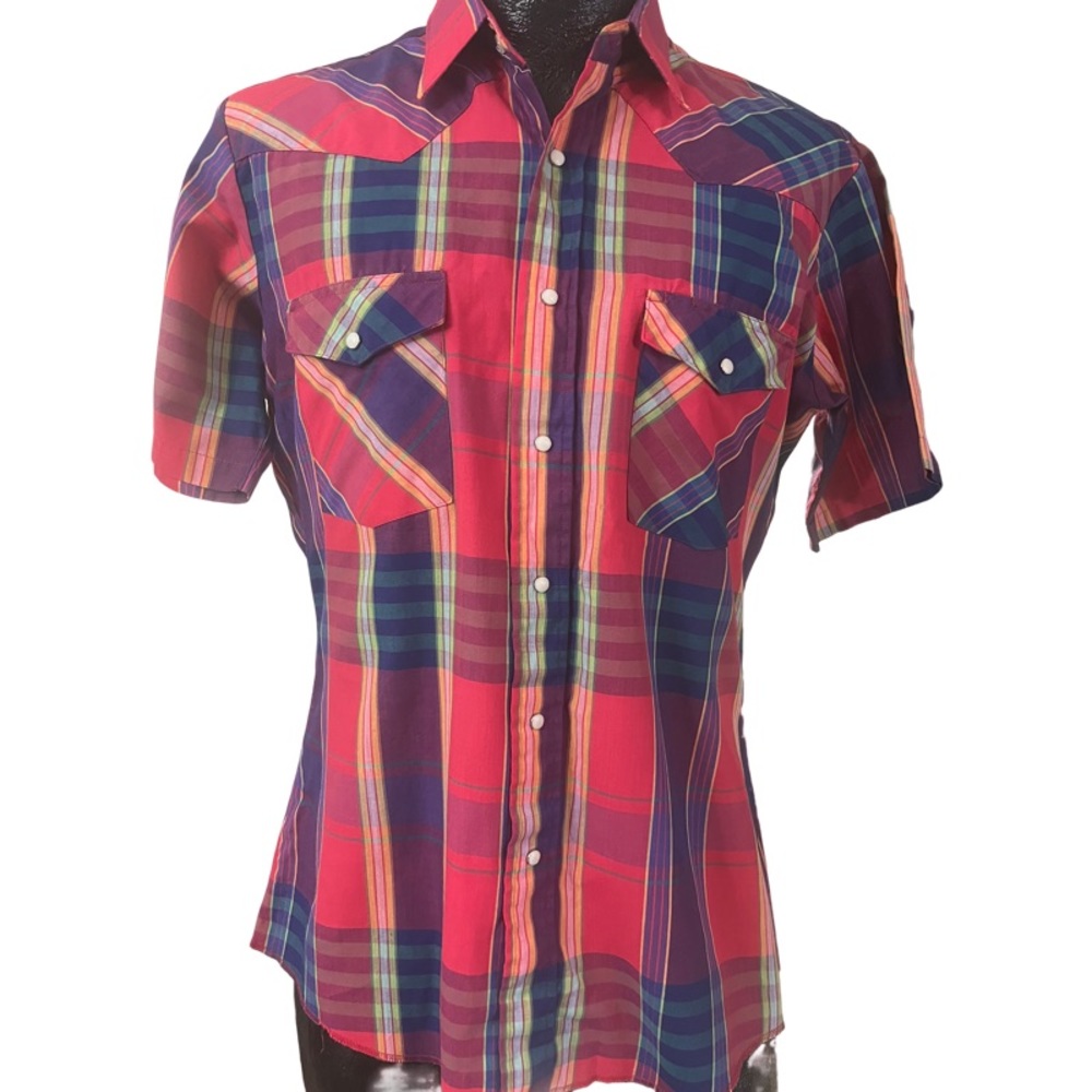 Wrangler X-Long Tail Shirt Pearl Snap Short Slv Western Red Green Plaid - Mens M
